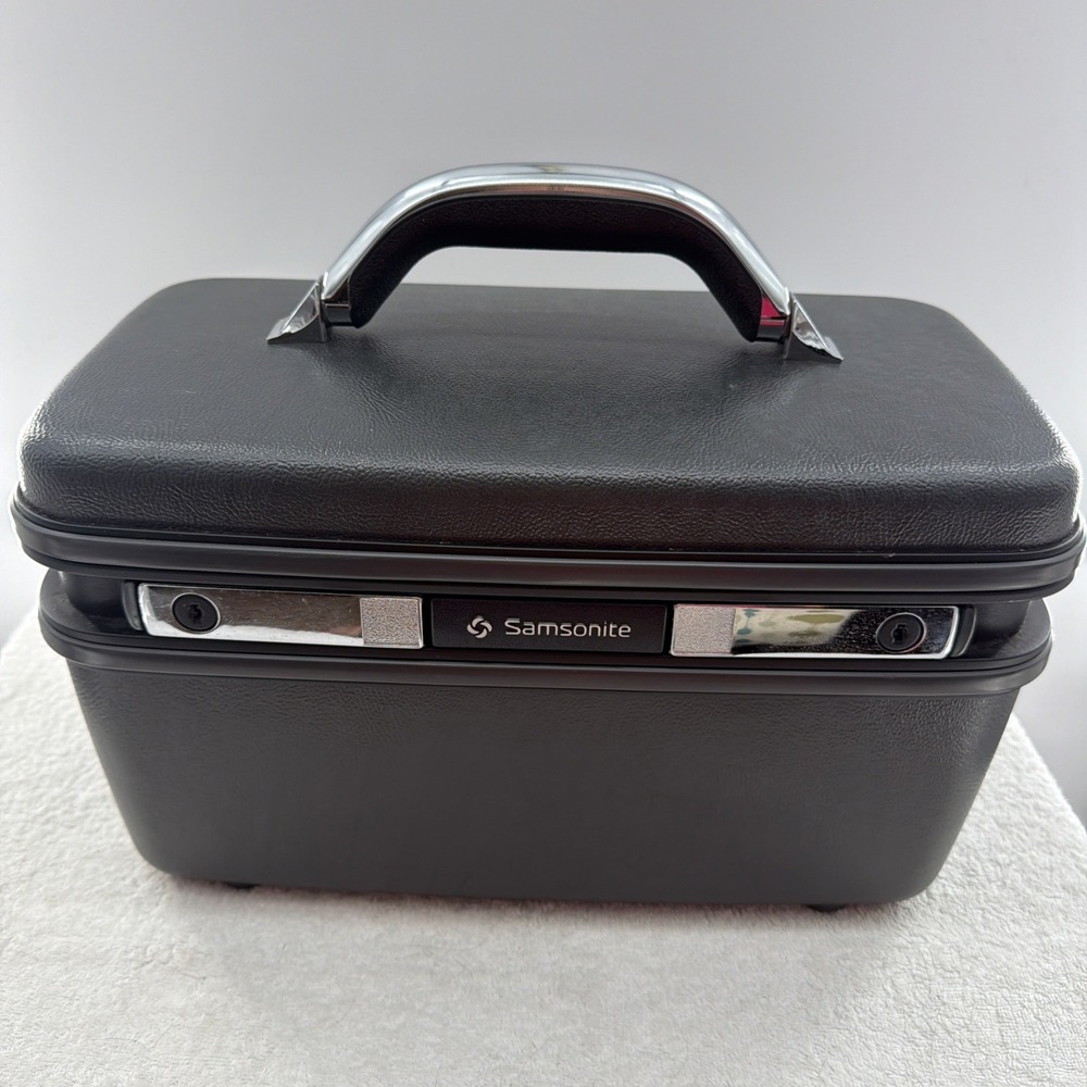 Vintage Samsonite Black Luggage Train Case Makeup Cosmetic Storage W/ Tray & Key